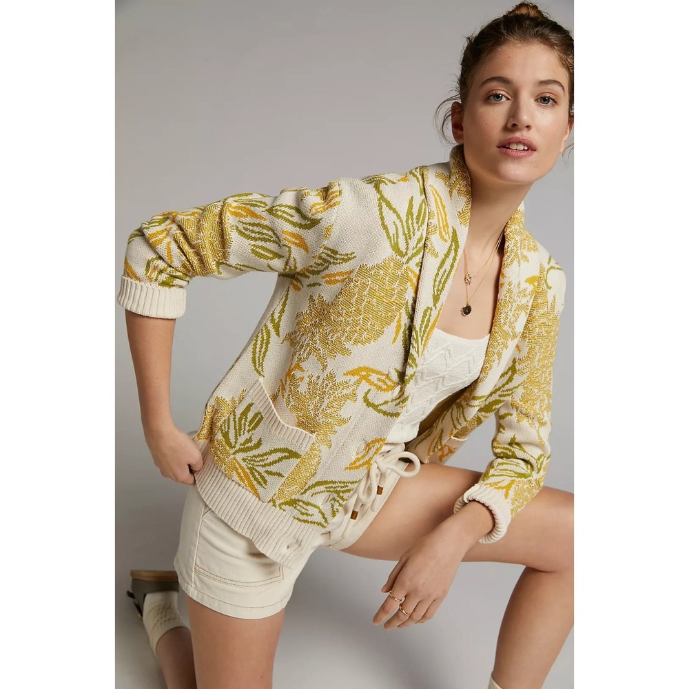 Anthropologie Maeve Pineapple Sweater Cardigan Knit Tapestry Tropical Size S